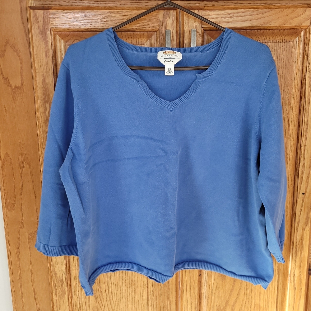 90s Pima Cotton Sky Blue Sweater with Gold-Toned Buttons & Notched Neckline